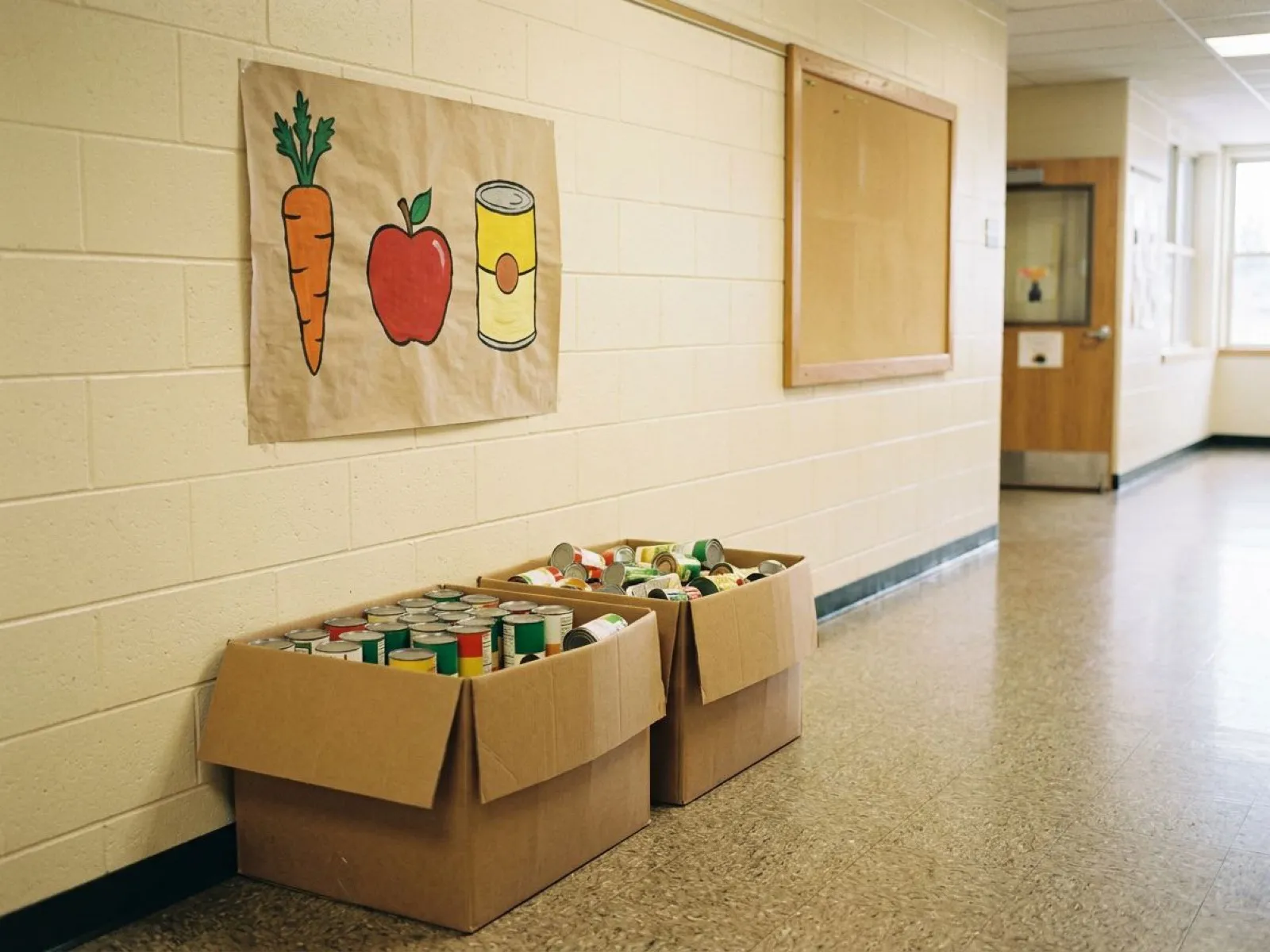 Two cardboard collection bins full of canned food in a school hallway, with a hand-drawn poster above