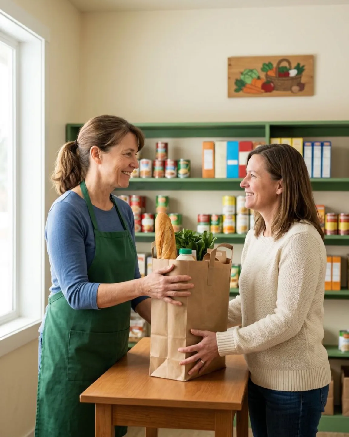 A volunteer handing a bag of groceries across a table to a smiling neighbor, shelves of canned goods behind