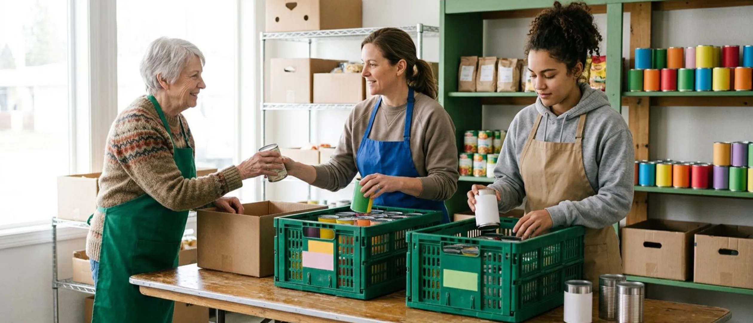 Three volunteers of different ages sorting donated cans into crates on a long folding table